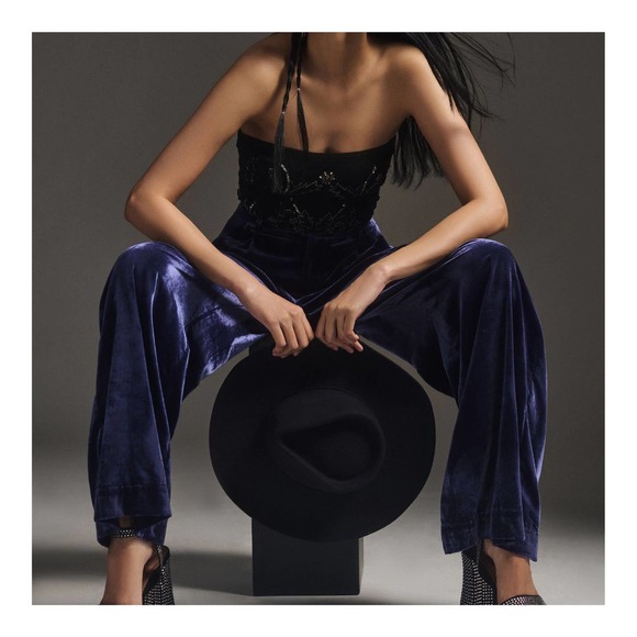 Anthropologie Wide Leg Velvet Trousers Pants Size 6 Tall Blue - Picture 4 of 9